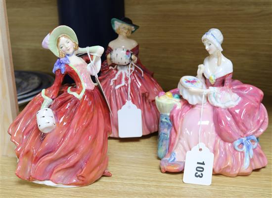 Three Doulton figures, Penelope, Autumn Breezes and Genevieve and miscellaneous china